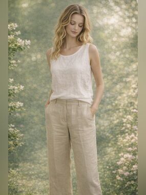 Willi Smith Pants Women’s Beige Linen Straight Leg Office Career Sz 10